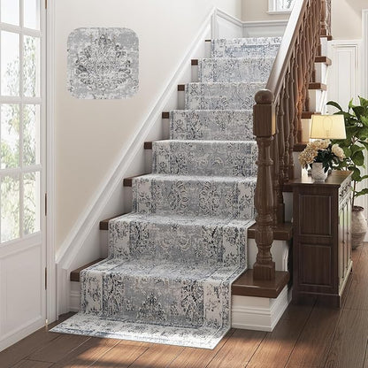 jinchan Fiora Hallway Runner Rug 3x10 Machine Washable Runner Rug Grey Vintage Floral Design Non-Slip Low Pile Ultra-Thin for Kitchen Laundry Room Bedroom Farmhouse (3‘x10', Grey)