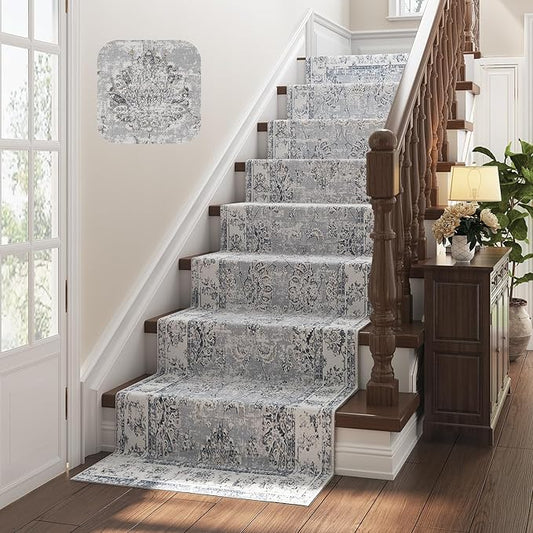 jinchan Fiora Hallway Runner Rug 3x10 Machine Washable Runner Rug Grey Vintage Floral Design Non-Slip Low Pile Ultra-Thin for Kitchen Laundry Room Bedroom Farmhouse (3‘x10', Grey)