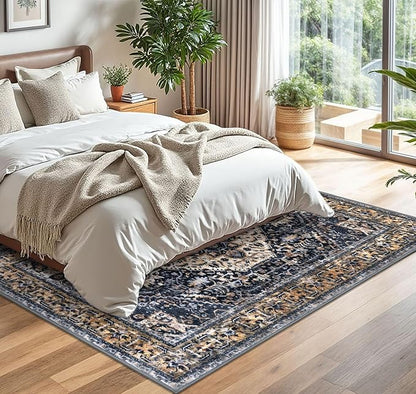 KOZYFLY Boho Area Rug 5x7 Ft Thin Rugs for Living Room Washable Bedroom Rug Non Slip Rugs Gold Navy Printed Faux Wool Vintage Bedroom Rug Floor Carpet for Dining Room Living Room