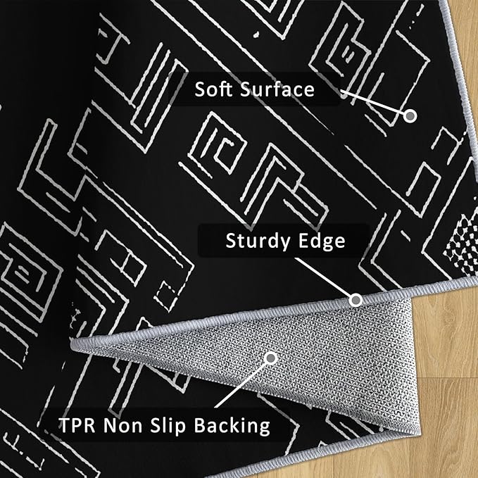 Geometric Rug, Washable 5x8 Rug for Living Room, Black and White Patterned Indoor Carpet, Modern Geometric Decor for Home, Bedroom, Soft Non Slip Thin Design FER19