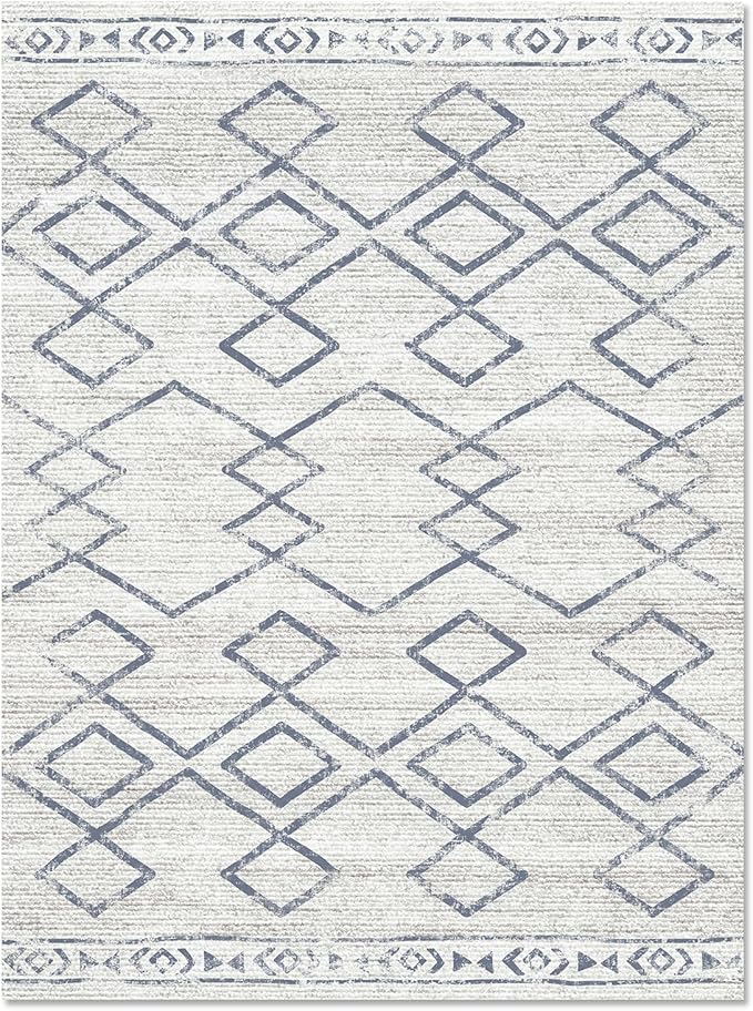 jinchan Moroccan 8x10 Area Rugs for Living Room - Machine Washable Soft Modern Geometric Stain Resistant Ultra-Thin Low-Pile Large Rug Non-Slip Carpet for Bedroom Kitchen Dining Room (8x10ft, Blue)