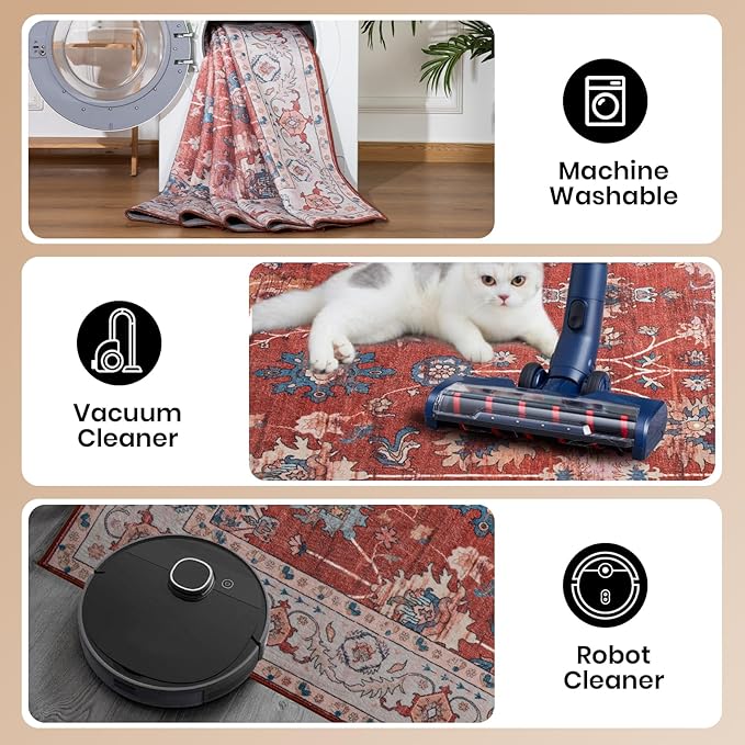 Area Rug for Living Room, 9x12 Washable Non Slip Large Faux Wool Throw Rug, 0.3″ Low Pile & Non-Shedding Boho Large Carpet Rugs for for Dining Room, Bedroom, Office (Red)