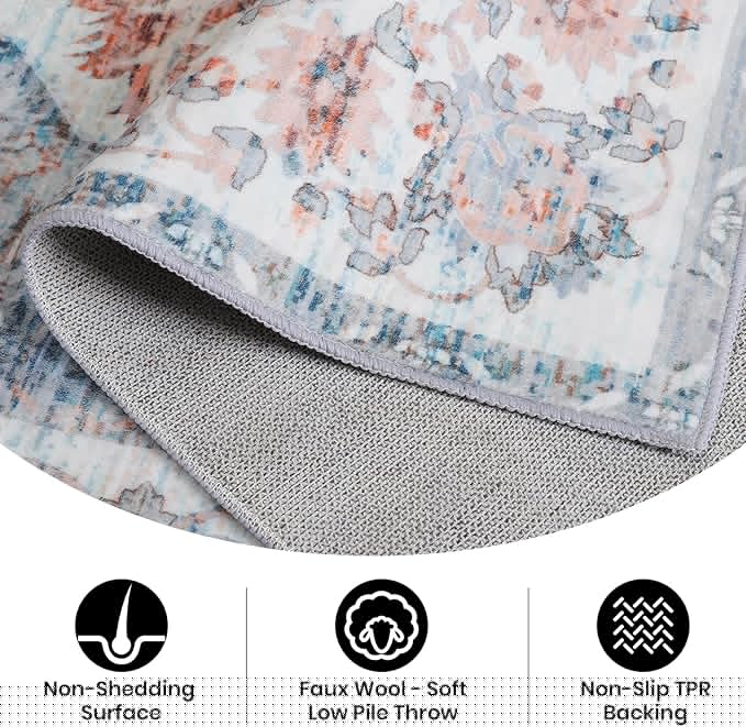 5x7 Washable Rug – Boho Non-Slip Indoor Area Rug for Living Room, Bedroom, Dining Room, Entryway –Muted Blue and Rust Distressed Pattern
