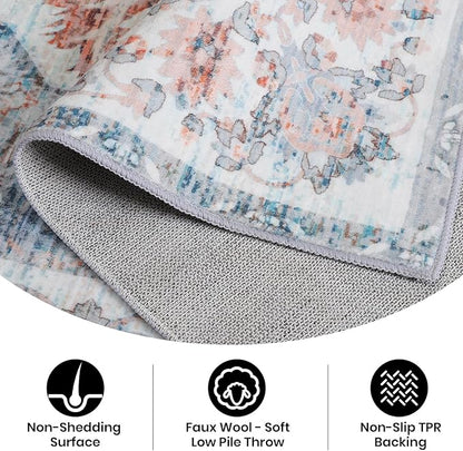 4x6 Washable Rug – Boho Non-Slip Indoor Area Rug for Living Room, Bedroom, Dining Room, Entryway –Muted Blue and Rust Distressed Pattern