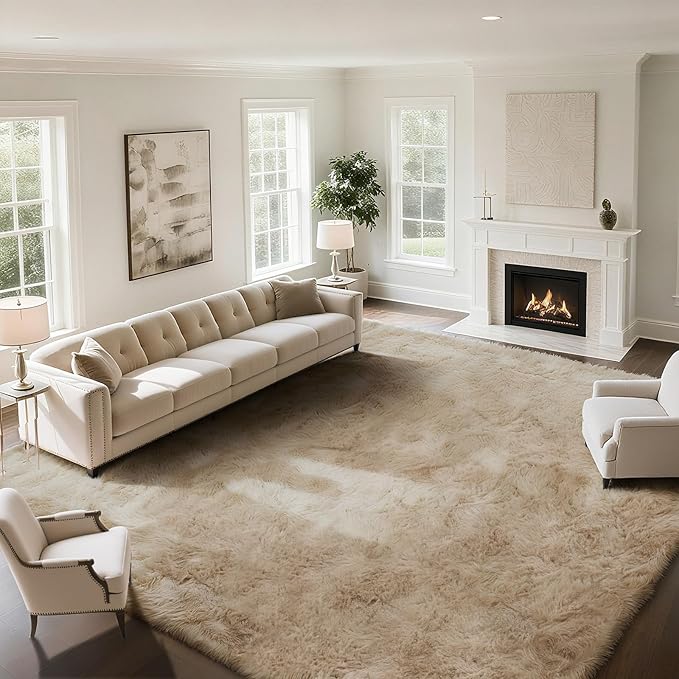 Fluffy Rug Shaggy Area Rug, Beige 8x10 Area Rugs for Living Room, Large Shag Area Rugs for Bedroom Kids Room Home Decor, Upgrade Anti-Skid Rectangular Fuzzy Rugs