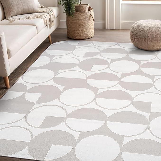 Beverly Rug Modern Geometric Area Rug 4x6 Low-High Pile Durable Soft Abstract Circular Indoor Rugs for Living Dining Room Office Stain Resistant Non Shedding Casual Indoor Carpet Beige White 4 x 6