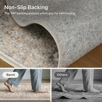 Bavni Washable Entry Rug 2x3, Non Slip Door Mat for Entryway or Kitchen, Vintage Print Low Pile Ultra Thin Indoor Rug, Light Taupe Brown