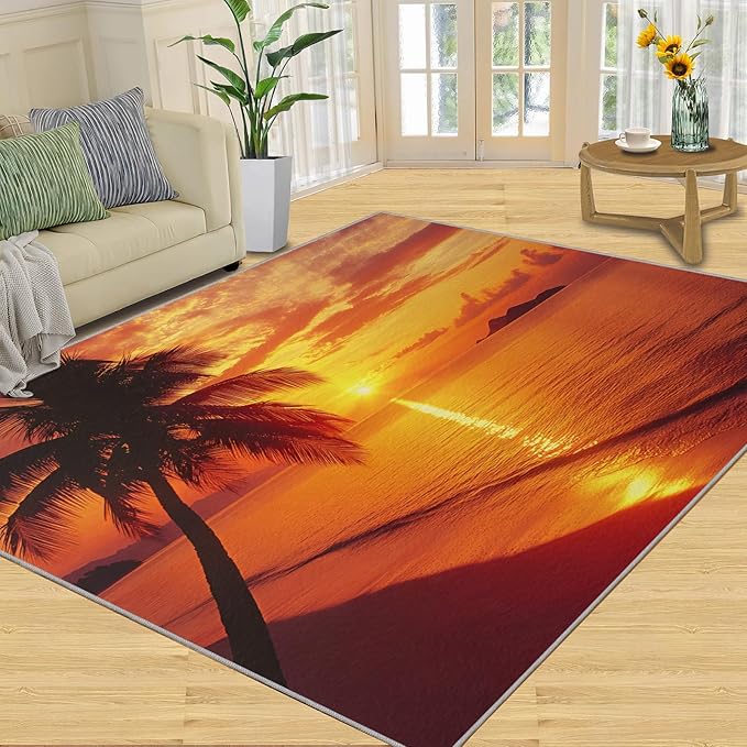 Coastal Rugs for Bedroom - 6x9 Area Rug - Ocean Beach Rugs for Living Room, Sunset Palm Trees Rug, Non-Slip Washable Home Decor Carpet