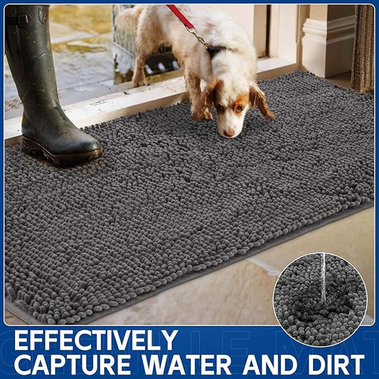 Chenille Absorbent Front Door Mat 72" x 36", Dog Door Mat for Muddy Paws, Trap Dirt Doormat, Mud Mat for Dogs, Washable Non Slip Outdoor Indoor Doormats for Entryway, Grey