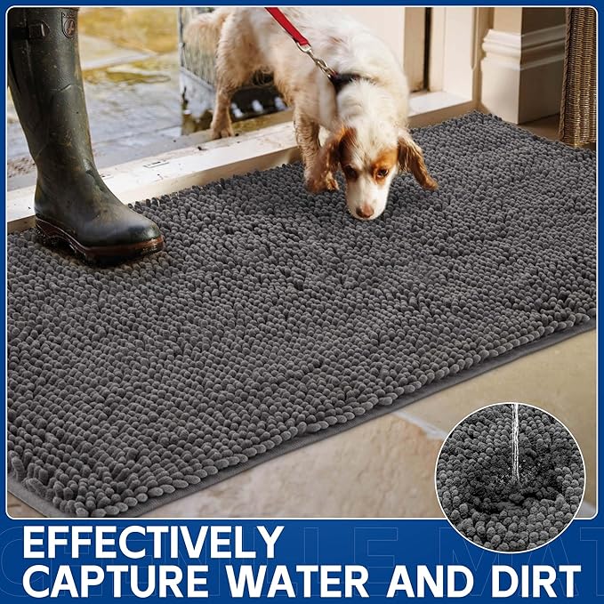 Chenille Absorbent Front Door Mat 60" x 36", Dog Door Mat for Muddy Paws, Trap Dirt Doormat, Mud Mat for Dogs, Washable Non Slip Outdoor Indoor Doormats for Entryway, Grey