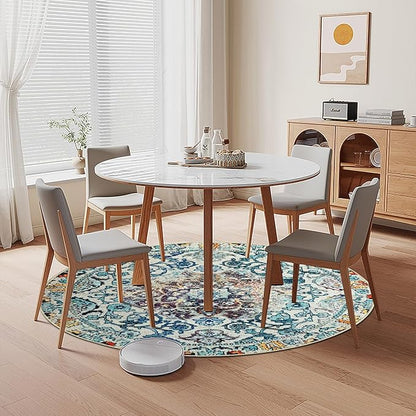 Easy-Going Round Rug 5ft Area Rug Washable Boho Circle Rugs for Living Room Non-Slip Bedroom Rug Low Pile Lightweight Medallion Distressed Throw Rug for Dining Room Kitchen Office, Vintage Multi