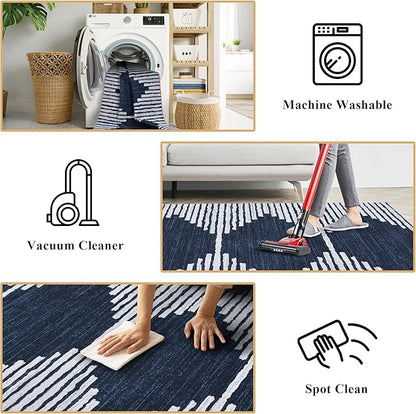 HelloTree 2x3 Entryway Rug, Indoor Small Machine Washable Area Rug Non Slip Backing Home Decor Floor Decoration Mat Boho Rugs for Entrance Kids Room Bedside Bedroom Stain Resistant Carpet-Blue