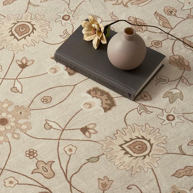 EVERGRACE Area Rugs for Living Room 6x9, Boho Floral Faux Wool Indoor Outdoor Rugs, Washable Rugs for Bedroom Dining Room Entryway Kitchen, Low Pile Floor Mat Carpet for Home Decor, Natural Beige
