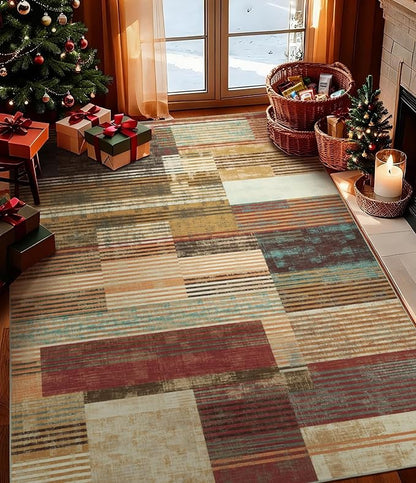 YIHOUSE Brown Area Rug 4x6, Farmhouse Rugs Washable,Vintage Burgundy Carpets for Bedroom,Burnt Orange Area Rug Non Slip,Geometric Boho Rug for Kitchen,Dining Room