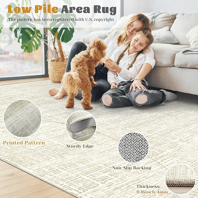 8x10 Area Rugs for Living Room, Washable Large Area Rug Neutral Modern Abstract Bedroom Rug Soft Non Slip Low Pile Stain Resistant Indoor Carpet for Nursery Kids Dining Room Office(Beige, 8'x10')
