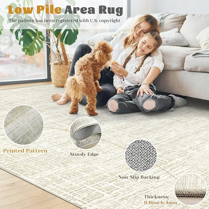 9x12 Area Rugs for Living Room, Washable Large Area Rug Neutral Modern Abstract Bedroom Rug Soft Non Slip Low Pile Stain Resistant Indoor Carpet for Kids Playroom Dining Room Office(Beige, 9'x12')
