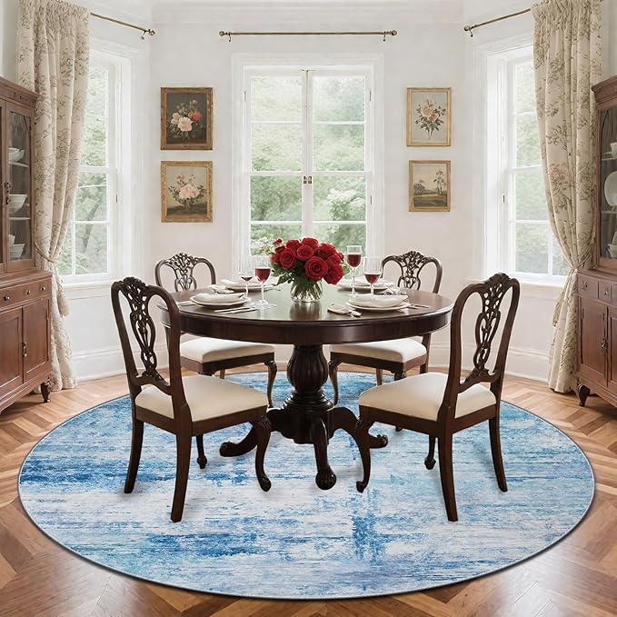 Round 4ft Area Rug Modern Abstract Washable Carpet for Living Room Entryway Dining Room Home Office - Abstract Teal Grey