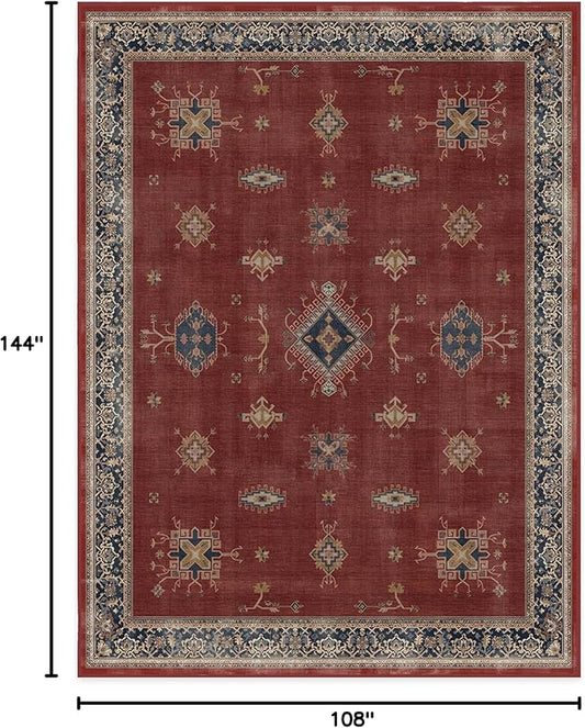 RUGGABLE Washable Vintage Area Rug – Verena Amber Red 9x12, Stain-Resistant, Non-Slip – Large Machine Washable Rugs for Living Room, Bedroom, Hallway, Entryway & Office–with Cushioned Pad
