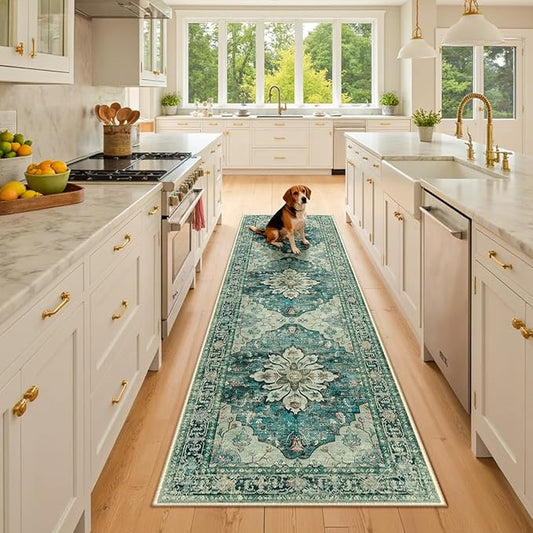 Area Rugs 2'6''x8' Washable Non-Slip, Floral Vintage Distress Print Pattern Medallion Carpet for Living Room Bedroom Dining Room, Dark Blue Vintage