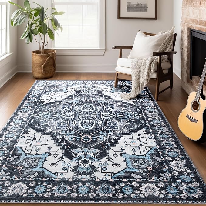 4x6 Washable Rug – Boho Non-Slip Indoor Area Rug for Living Room, Bedroom, Dining Room, Entryway – Black and Ivory with Ice Blue Accents