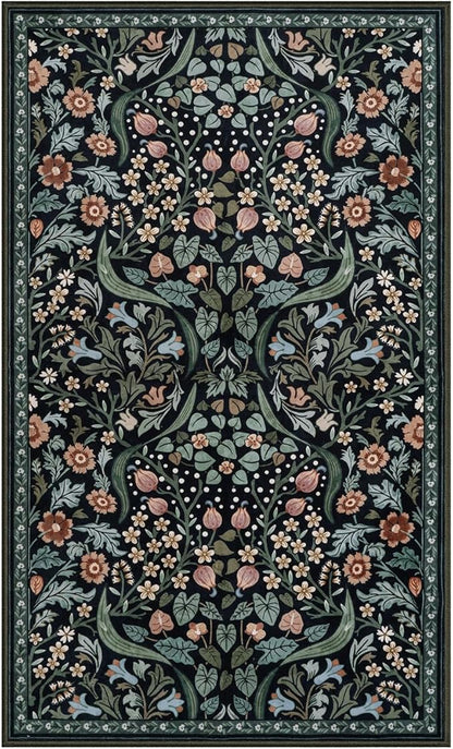 Lahome Floral 3x5 Entryway Rug, Soft Washable Bedroom Area Rugs, Botanical Non-Slip Small Black Carpet for Bedside, Entrance, Dorm, Nursery, Living Room