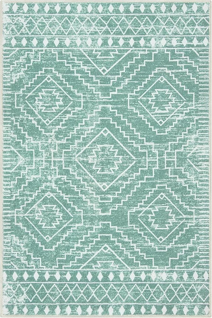 Wonnitar Moroccan Area Rugs 4x6, Sage Green Boho Rug for Bedroom, Washable Ultra-Thin Living Room Throw Mat, Farmhouse Geometric Soft Print Carpet for Nursery Bathroom Kitchen (Mint Green,4'x6')