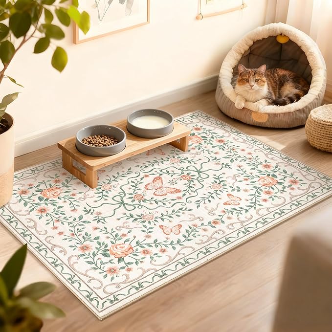 GarveeHome 2x3 Floral Area Rug Non Slip Entryway Mat Low Pile Stain Resistant Butterfly Kitchen Rugs Soft Small Throw Carpet for Dining Room Bedroom Washable Bow Rugs for Living Room Bathroom, 2x3