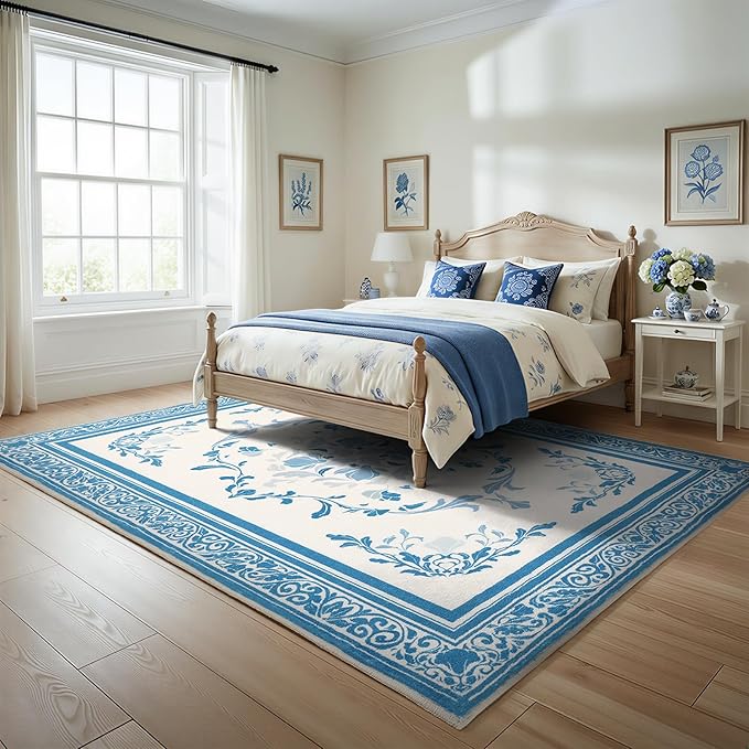 SOULFUL Medium Pile 2x3 Entryway Rug - Cozy Soft Underfoot Small Area Rug - Blue Boho Floral - Washable Non-Slip - Perfect for Hallway Kitchen Bedroom Bathroom Indoor Entrance