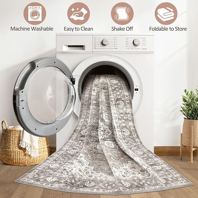 7x9 Area Rug Living Room: Washable Boho Large Neutral Vintage Soft Rugs Stain Resistant Farmhouse Non-Slip Indoor Rustic Floor Carpet for Bedroom Nursery Kids Playroom Office Dining Room- Dark Brown