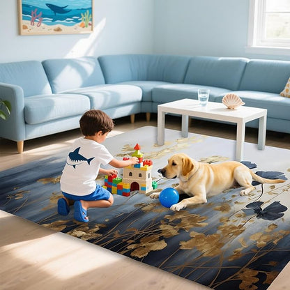 Blue Gray Flower Area Rug for Living Room, Non-Slip Backing Low Pile Modern Abstract Rug for Indoor Use, 5x7 Washable Carpet