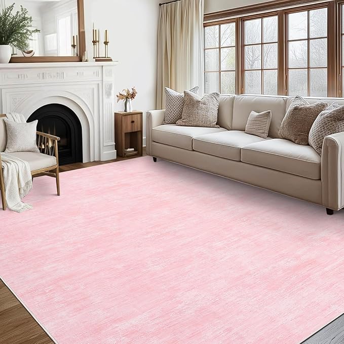 Garvee 8x10 Area Rug for Living Room Washable Kids Room Rug with Rubber Backing, Stain Resistant Modern Solid Rugs Non Shedding Low Pile Contemporary Carpet for Bedroom, Dining Room, Pink