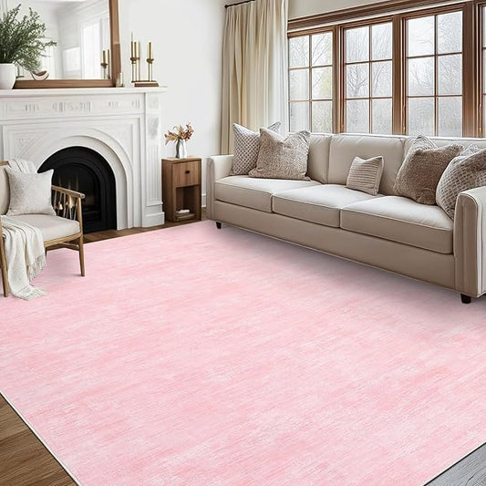 Garvee 8x10 Area Rug for Living Room Washable Kids Room Rug with Rubber Backing, Stain Resistant Modern Solid Rugs Non Shedding Low Pile Contemporary Carpet for Bedroom, Dining Room, Pink