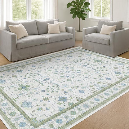 Cream Oushak 6x9 Bedroom Rug - Boho Floral Cool Blue and Green, Washable Low Pile Non-Slip Ultra-Thin Large Area Rugs for Bed Room, Living Room, Playroom
