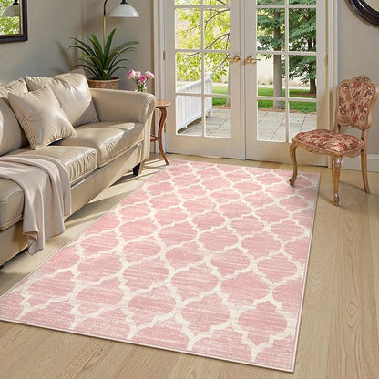 Lahome Nursery Rug 5x7 Area Rugs for Living Room,Washable Pink Rugs for Bedroom Girls,Soft Low-Pile Indoor Floor Boho Carpet for Kids Playroom Dorm