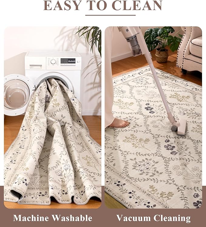 YIHOUSE Beige Floral Print Rugs, Moroccan Trellis 9x12 Washable Large Rug, Modern Pastel Non Slip Ultra-Thin Area Rug for Classroom, Nursery Playroom,Dorm,Bedroom,Living Room, Beige Multi