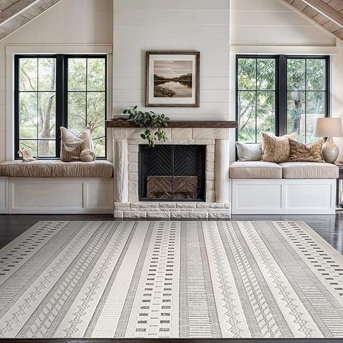 Beverly Rug Micro Loop Area Rug Gray/White 8x10 Geometric Modern Scandinavian Striped Durable Soft Indoor Rugs for Living Dining Room Office Stain Resistant Non Shedding Casual Indoor Carpet 8 x 10