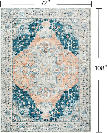 YJ.GWL Area Rugs for Living Room 6x9 Machine Washable Rugs, Non Slip Floral Vintage Rug Indoor Carpet, Stain Resistant Large Rug for Bedroom Dining Room, Dark Blue
