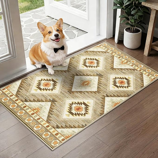 Area Rug 2x4 Rug Machine Washable Non-Slip Low Pile Print Pattern Western Rug for Living Room Bedroom Entryway Tribal Series-Cream/Camel