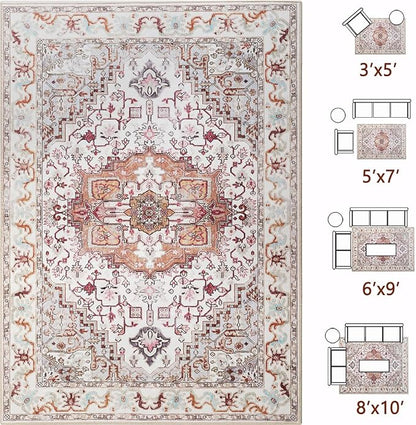 Large Area Rugs 6x9, Washable Vintage Rugs -Low Pile, Soft Plush Rugs for Bedroom, Kitchen, Dining Room, Stain Resistance, Non Shedding & Kid & Pet Friendly, Beige