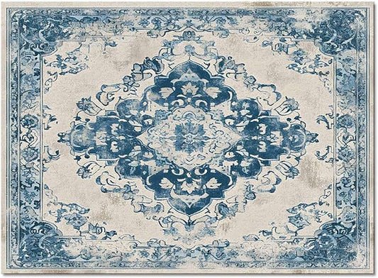 Blue Bohemian Rectangular Area Rugs for Living Room Bedroom 5 x 8 ft Vintage Farmhouse Floral Pattern Non-Shedding Soft Low Pile Rug Non Slip Washable Rug for Nursery Entryway Playroom