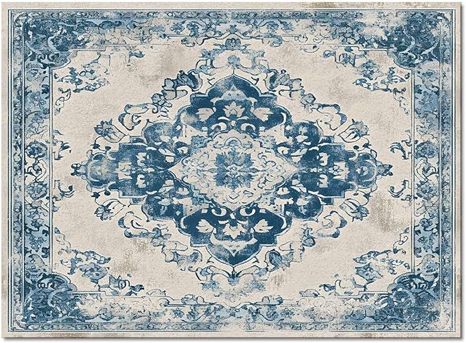 Blue Bohemian Rectangular Area Rugs for Living Room Bedroom 2.8 x 5 ft Vintage Farmhouse Floral Pattern Non-Shedding Soft Low Pile Rug Non Slip Washable Rug for Nursery Entryway Playroom