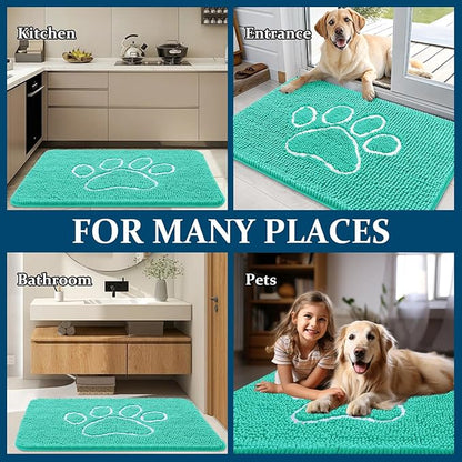 OLANLY Dog Door Mat for Muddy Paws 48x30, Paw Print Design, Absorbs Moisture and Dirt, Absorbent Non-Slip Washable Doormat, Quick Dry Chenille Mud Mat for Dogs, Entry Indoor Entryway Carpet, Teal