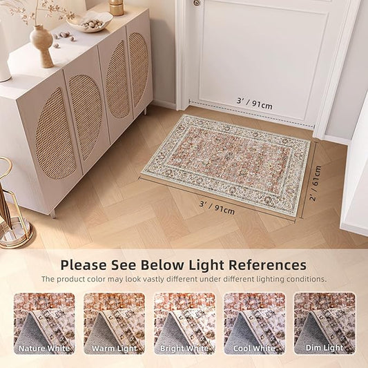 Deerly 2x3 Entry Rugs Small Area Rugs for Bedroom Living Room Bathroom Kitchen, Small Soft Rugs Low Pile Non-Slip Rubber Backing Oriental Door Mat, Brick Red