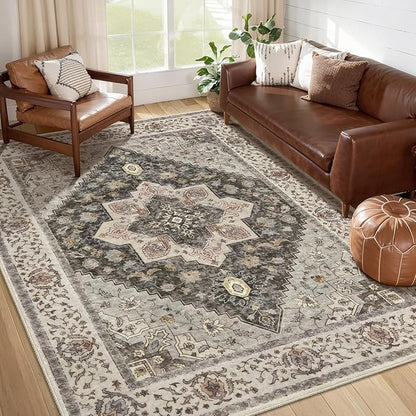 Tangsoo Washable Rug 4x6 Area Rug, Vintage Rug Indoor for Living Room, Non Slip Machine Washable Large Rugs, Soft Print Distressed Grey Farmhouse Carpet for Bedroom Dining Room Dorm Office