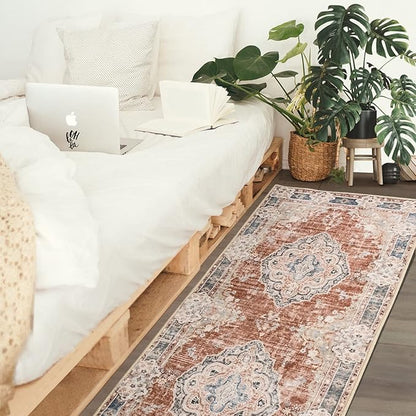 MUJOO Hallway Runner Rug Machine Washable 2'x6 ' Non Slip Boho Runner Rugs for Hallways Entryway Kitchen Bathroom Bedside Retro Soft Low-Pile Orange Navy Blue Flowers
