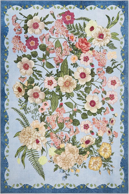 Floral Rug for Living Room - 4x6 Washable Area Rugs Non-Slip Soft Low-Pile Stain Resistant Carpet Unique Flower Print Vintage Indoor Rug for Bedroom Dining Room Office Nursery Room, Blue