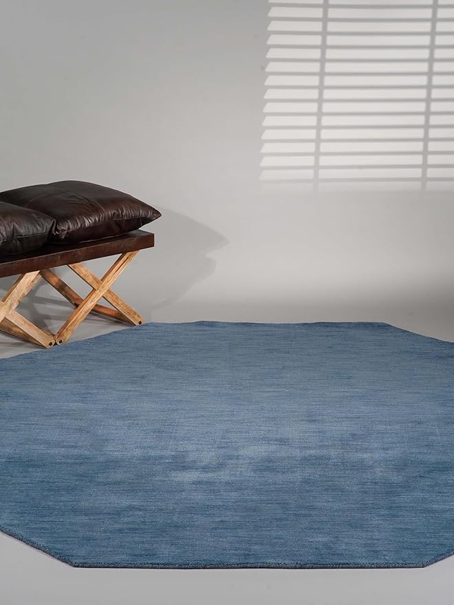 Hand Knotted Loom Wool ECO-Friendly Area Rugs - 8'x8', Octagon, Blue Color, Solid Plain Design, High Pile Thick Handmade Anti Skid Area Rugs for Living Room, Bed Room (L00111)