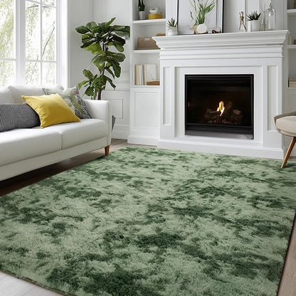 Andency 8x10 Area Rugs for Living Room, Non-Slip Fluffy Soft Large Shag Bedroom Carpet, Tie-Dyed Army Green Big Indoor Thick Nursery Rug for Kids Dorm Home Decor Aesthetic