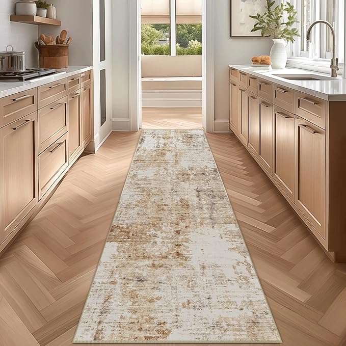 FMFUNCTEX 2x8 Runner Rug Washable Brown Grey Modern Abstract Neutral Non Slip Low Pile Entryway Hallway Soft Indoor Carpet for Kitchen Bedroom Bathroom Laundry Entrance Bedside Living Room, Grey Gold
