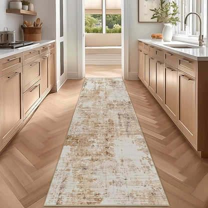 FMFUNCTEX 2x8 Runner Rug Washable Brown Grey Modern Abstract Neutral Non Slip Low Pile Entryway Hallway Soft Indoor Carpet for Kitchen Bedroom Bathroom Laundry Entrance Bedside Living Room, Grey Gold